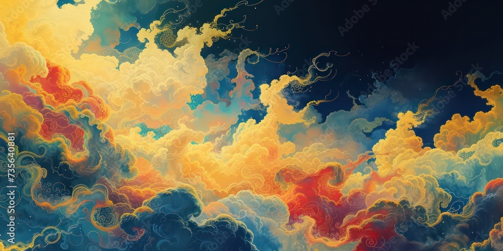 Classic beauty depicted through auspicious clouds in vibrant Chinese style.