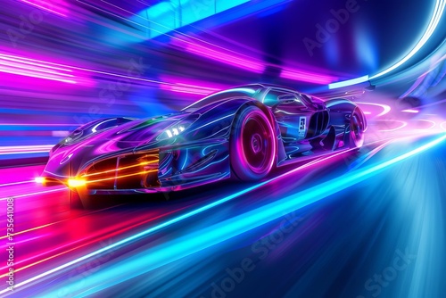 Concept of a high-speed electric sports car racing through a futuristic city at night Vibrant neon trails and dynamic motion blur © Bijac