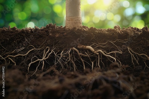 Close-up of tree roots in soil Showcasing the intricate network and strength of natural growth patterns Symbolizing stability and grounding photo