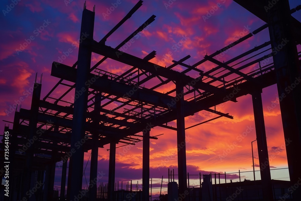 Construction site at sunset Capturing the silhouette of structural steel beams against the colorful sky Symbolizing progress and the beauty of industrial development