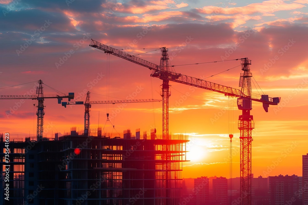 Construction site at sunset Showcasing the dynamic process of building new residential areas