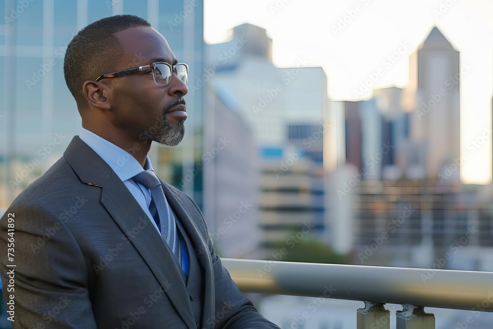Elegant african-american executive overlooking the city skyline Embodying success and vision Elegant african-american executive overlooking the city skyline Embodying success and vision