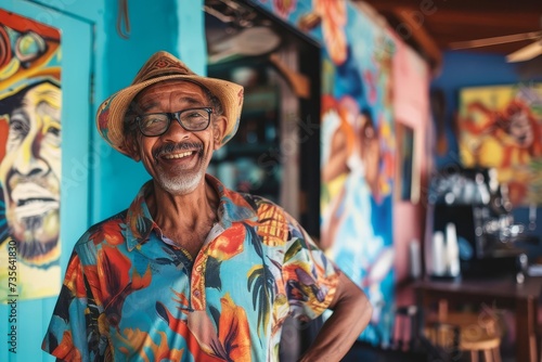 Eclectic caf owner with a welcoming smile Standing by the entrance of his vibrant Art-filled coffee house Embodying the spirit of community and creativity
