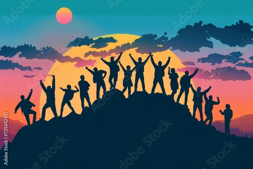 Inspirational group of people celebrating on a mountain top Unity and triumph Motivational and uplifting photo