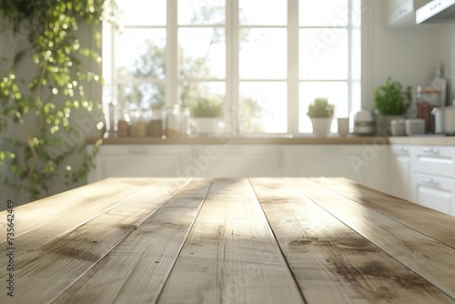 Light Empty wooden tabletop set within a contemporary white kitchen Providing a clean and modern scene for showcasing products or culinary creations