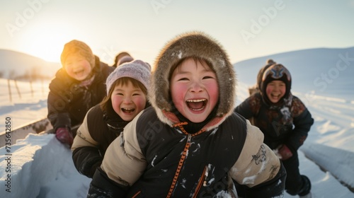 A group of children laughing in the snow. Generative AI.
