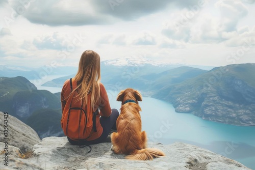 Tourist woman with her dog enjoying a panoramic mountain view Symbolizing adventure and companionship