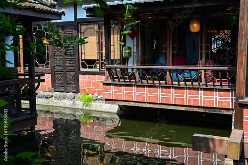 Taoyuan City, Taiwan- AUG 24, 2023: Chinese teahouse courtyard landscaping