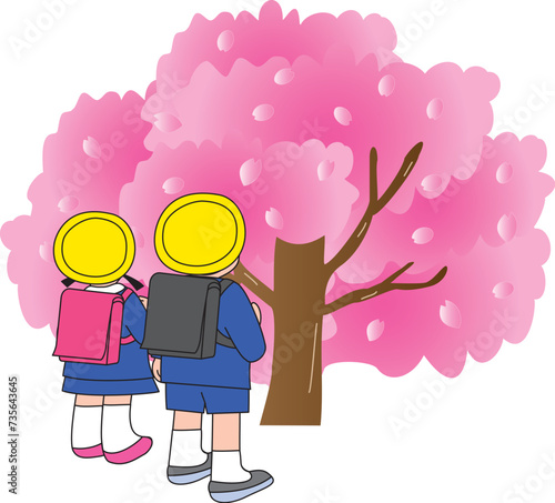 桜とランドセル姿の小学生
