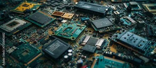 Close up of computer motherboard with intricate circuitry and electronic components for technology background or repair concept © AkuAku