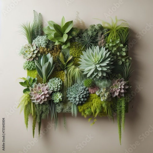 Succulent flowers, moss and fern green wall decoration