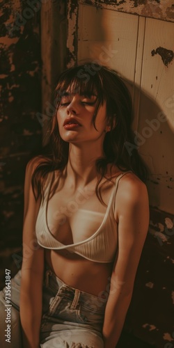Woman in the Love Hurt Style - Looking Sad Hot Grunge Soft Love Model Pose, Nostalgia Woman, Is Alone, Raw Emotional Feelings, Sad Dessous Hot Playful Fashion created with Generative AI Technology