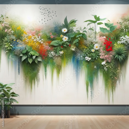Flowers and moss on wall, green wall decoration