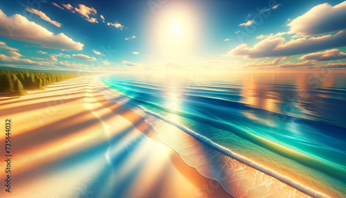 Serene shoreline: Empty beach with gentle waves reflecting the dazzling sun on a clear day.
Generative AI. photo