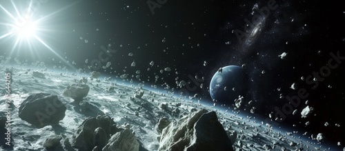 Apocalyptic asteroid doom impact on the lunar surface with artist's depiction photo