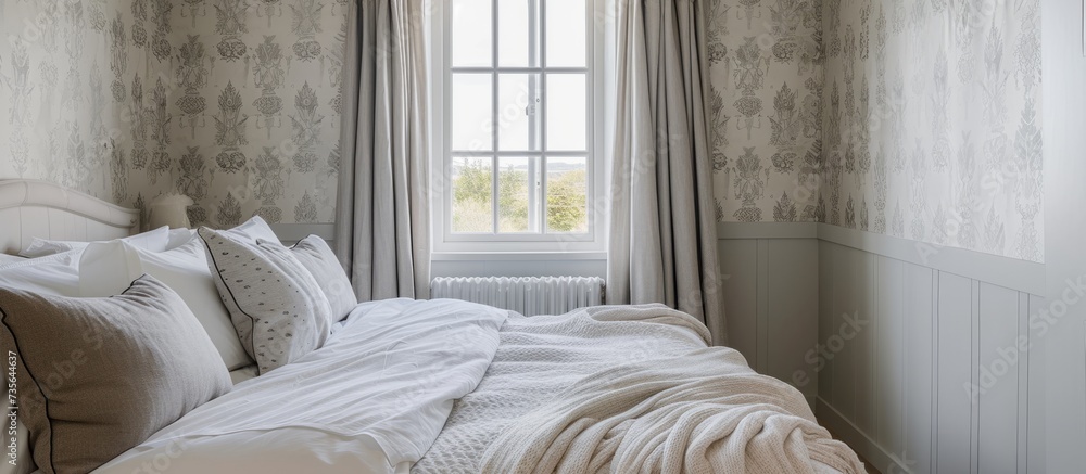 Cozy bedroom interior with a comfortable bed covered in white comforter and a view of the outside through the window Cozy bedroom interior with a comfortable bed covered in white comforter and a view of the outside through the window