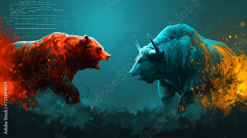 red bear and a blue bull are facing off against a dark background with splashes of color and a financial chart in the corner photo