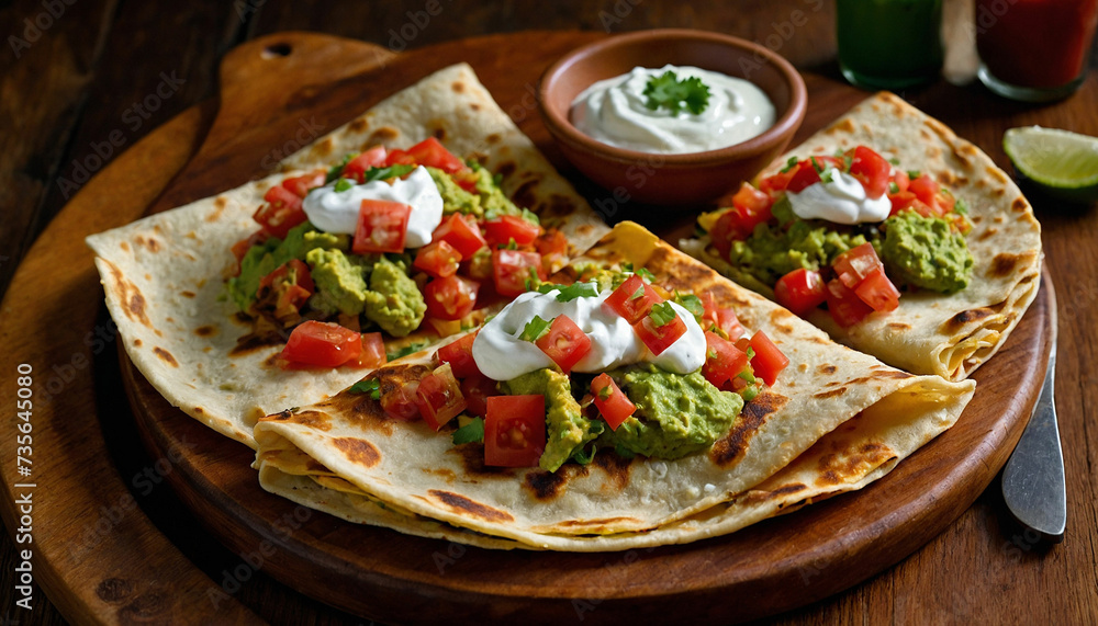 Golden brown crust of a vegetable quesadilla perfectly toasted on a wooden board, surrounded by colorful salsa, guacamole, and sour cream dollops, creating an enticing contrast
