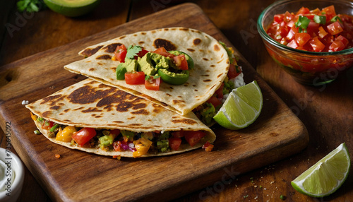 Golden brown crust of a vegetable quesadilla perfectly toasted on a wooden board, surrounded by colorful salsa, guacamole, and sour cream dollops, creating an enticing contrast 
