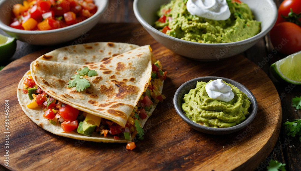 Golden brown crust of a vegetable quesadilla perfectly toasted on a wooden board, surrounded by colorful salsa, guacamole, and sour cream dollops, creating an enticing contrast
