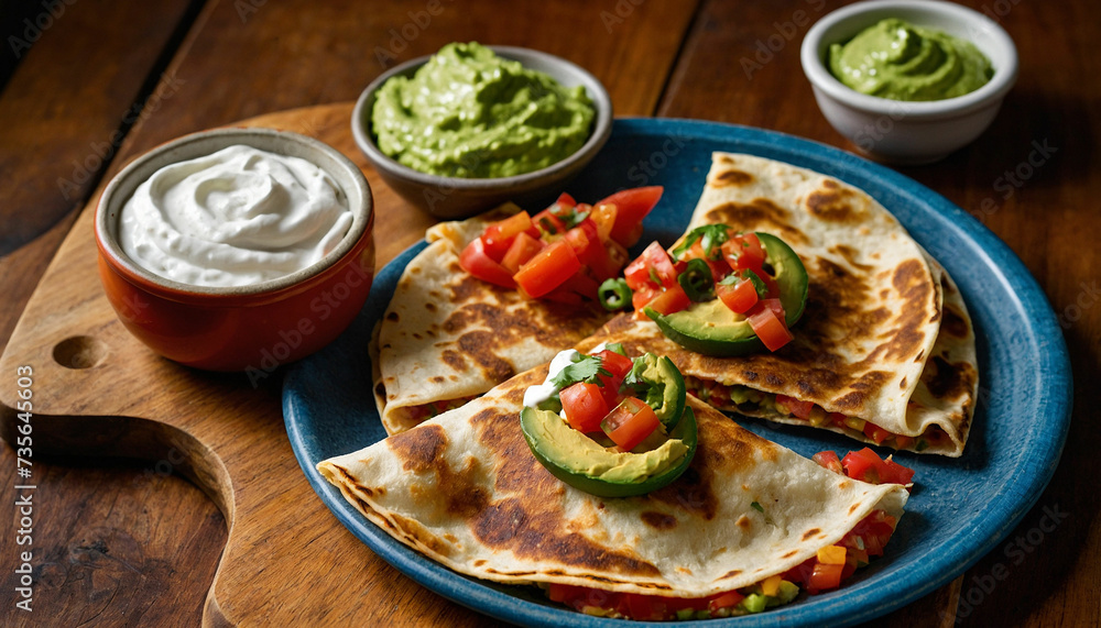 Golden brown crust of a vegetable quesadilla perfectly toasted on a wooden board, surrounded by colorful salsa, guacamole, and sour cream dollops, creating an enticing contrast
Golden brown crust of a vegetable quesadilla perfectly toasted on a wooden board, surrounded by colorful salsa, guacamole, and sour cream dollops, creating an enticing contrast