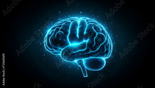 Futuristic blue brain hologram, floating on a black backdrop, depicting advanced neurotechnology.
Generative AI.