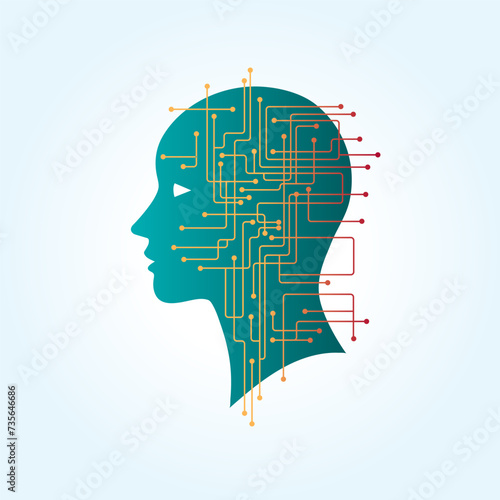 Connection between manufacturability and the human mind, the silhouette of a human face with lines of microcircuits, man and new technologies