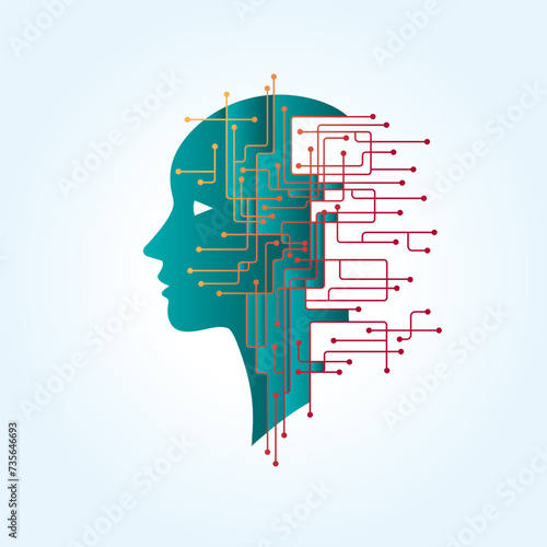 The connection between manufacturability and the human mind, the silhouette of a human face with lines of microcircuits, man and new technologies