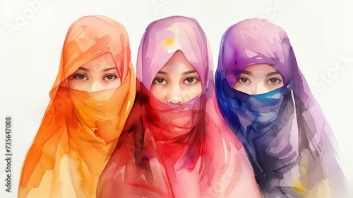 Watercolor painting of a group of muslim women wearing hijab isolated on white background. Girls with hiden faces portrait. photo