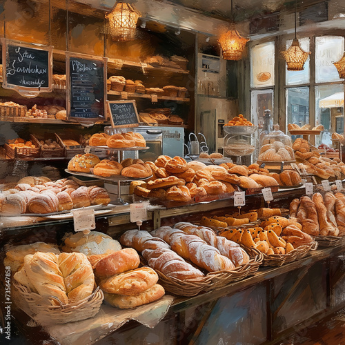 french bakery counter with french baked goods like breads and cakes in the artistic style of jean singer sargent in a painterly style circa victorian times 1800s painted with impressionist brush stoke