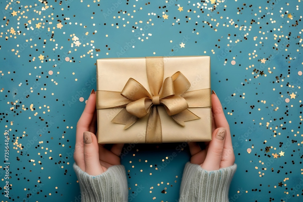 Celebrate special occasions with a chic gift box held by woman's hands, suitable for festive greetings on Christmas, New Year, Valentine's Day, or Mother's Day. Celebrate special occasions with a chic gift box held by woman's hands, suitable for festive greetings on Christmas, New Year, Valentine's Day, or Mother's Day.