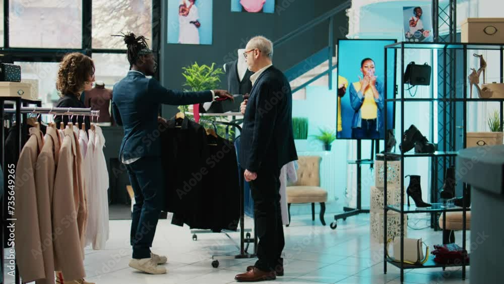 Fashion stylist making trendy recommendations for senior client, pairing an expensive tie to match a black elegant shirt. African american worker selling designer items to man. Camera B. Fashion stylist making trendy recommendations for senior client, pairing an expensive tie to match a black elegant shirt. African american worker selling designer items to man. Camera B.