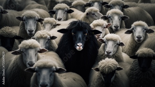 A Lone Black Sheep Surrounded by White Sheep