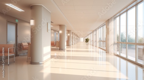 A long  bright hospital corridor with rooms and seating.