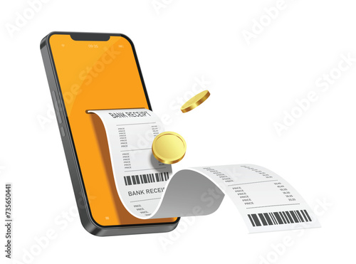 payment online ,Paper receipt or invoice with gold coins or dollars flowing out of smartphone or mobile phone After customer purchases online and successfully payment, vector 3d isolated for design