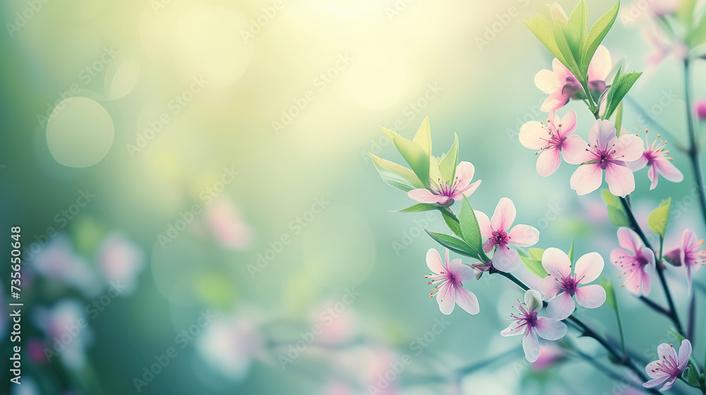 Soft pink spring flowers on a green pastel background.