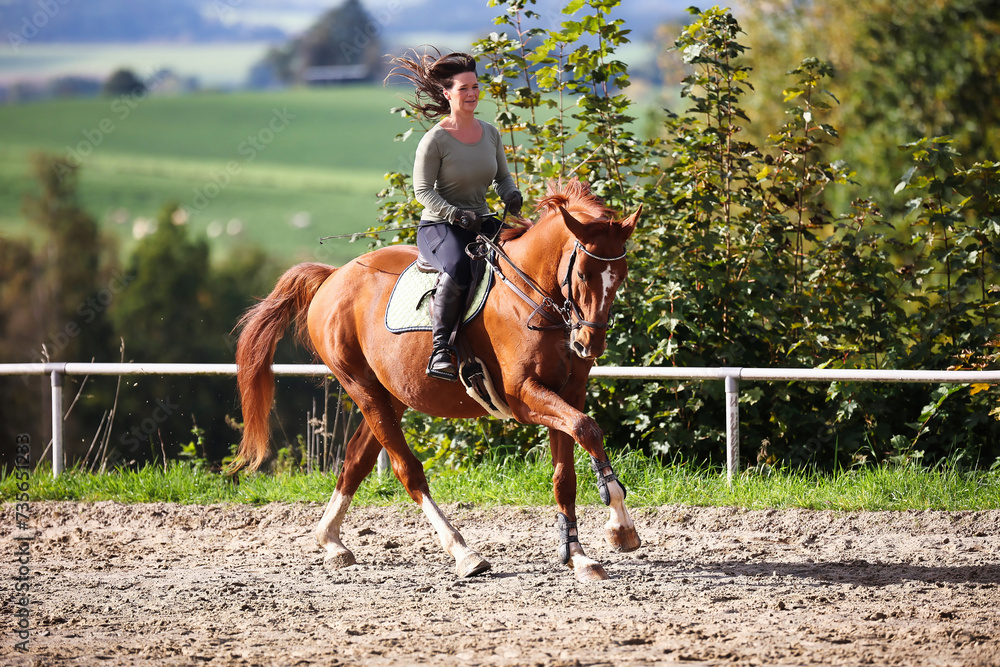 Horse woman rider riding in the sunshine at the riding arena. Horse woman rider riding in the sunshine at the riding arena.