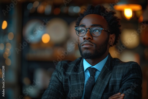 Thoughtful businessman in glasses looking away, warmly lit ambiance