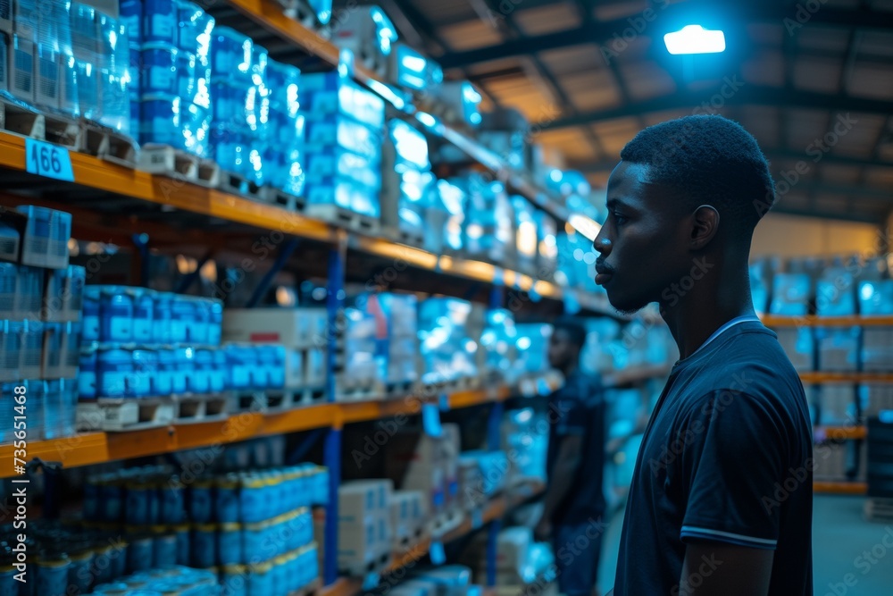 Warehouse workers inspecting stock with focused precision in a storeroom Warehouse workers inspecting stock with focused precision in a storeroom