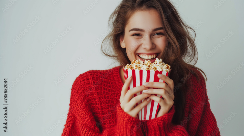 Cheerful young woman in red sweater enjoying popcorn from cinema box Cheerful young woman in red sweater enjoying popcorn from cinema box