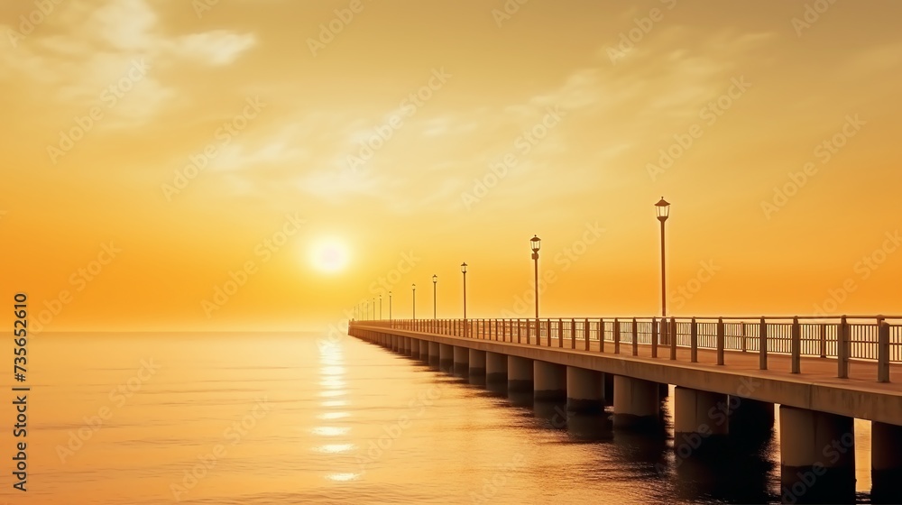 Beautiful sunset with a concrete pier leading out to sea.