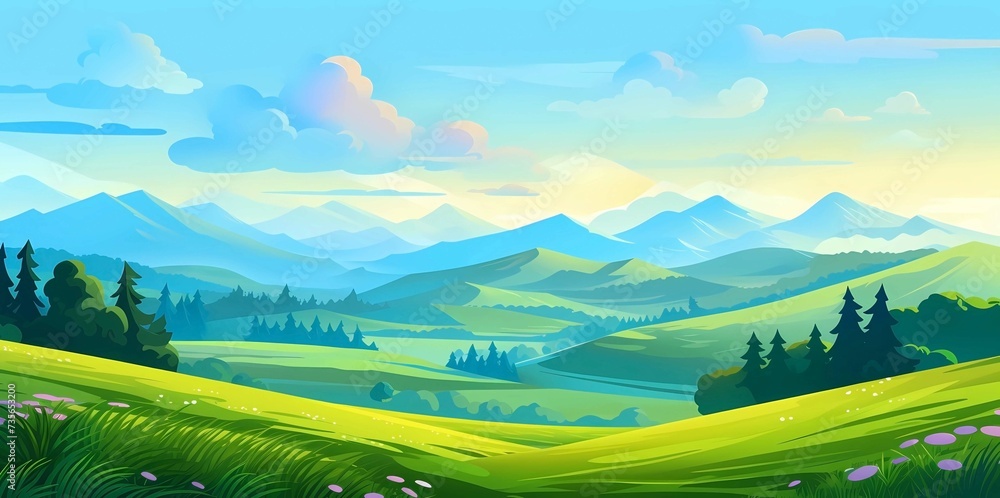 Landscape with mountains, meadow and blue sky, Generative AI illustrations.