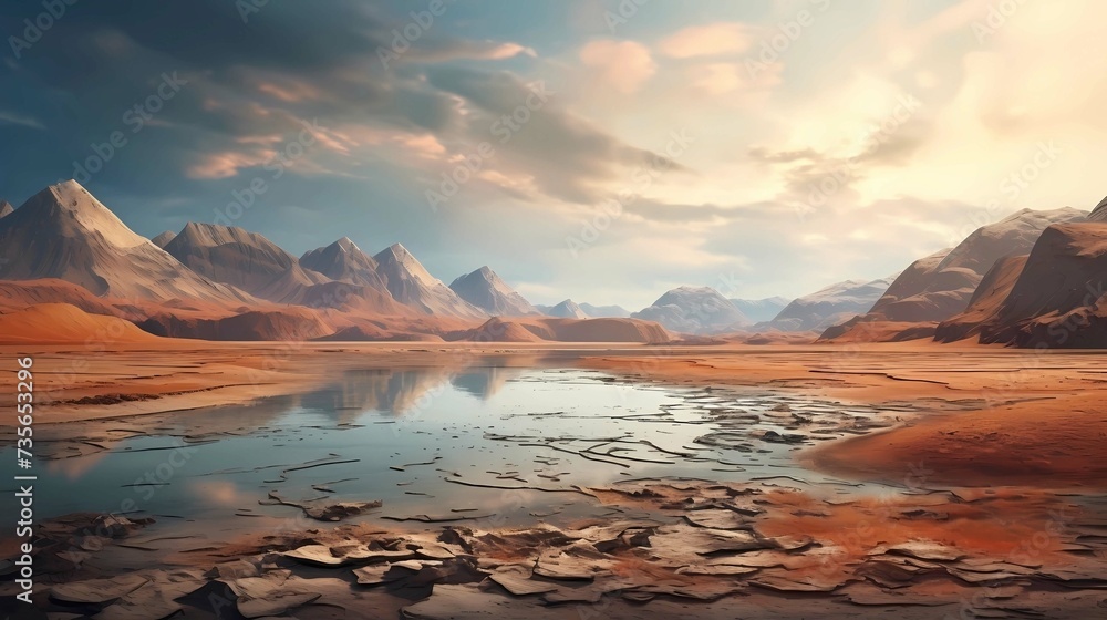 Fantasy alien planet, Mountain and lake, Generative AI illustrations.