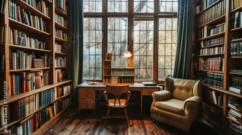 Peaceful Study Area with Floor-to-Ceiling Bookshelves AI Generated.