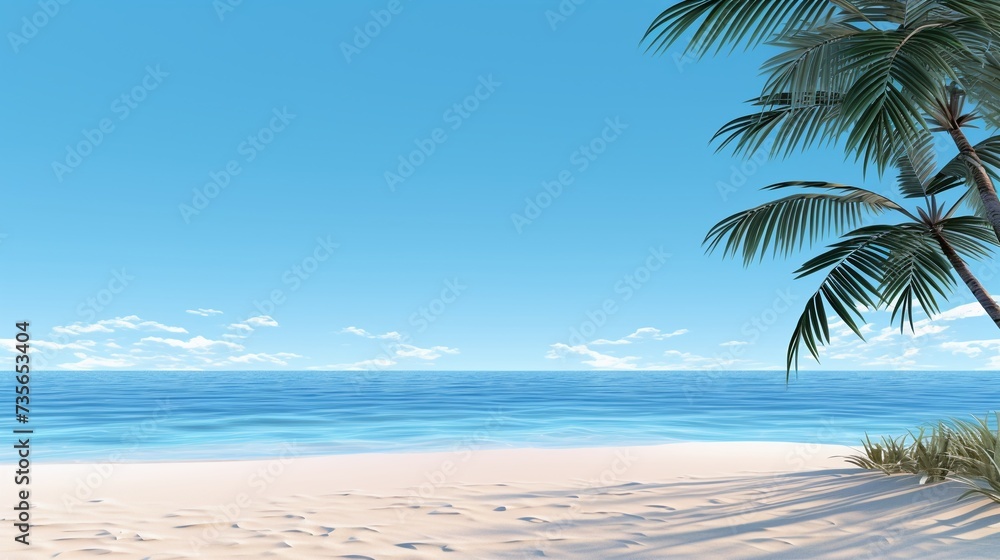 Holiday background on tropical beach with palm trees and blue sky.