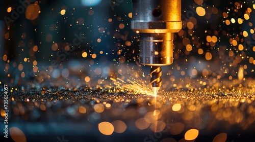 Close-up view of a drill cutting through metal with shavings illuminated by soft afternoon light, showcasing the precision of modern machinery and craftsmanship