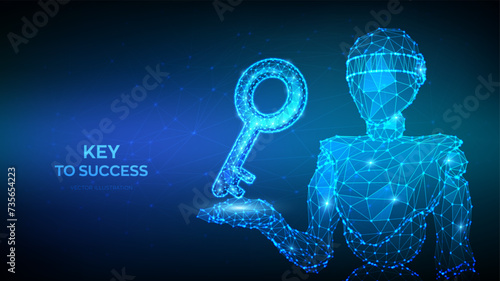 Key. 3d low polygonal robot holding key sign in hand. Key to success or solution. Turnkey solution, services concept. Goals achievement, opportunities for business development. Vector illustration.