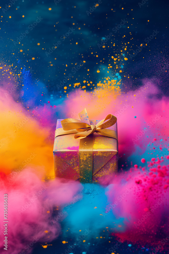 Fototapeta premium Colorful holi festival gift box in the midst of a festive explosion