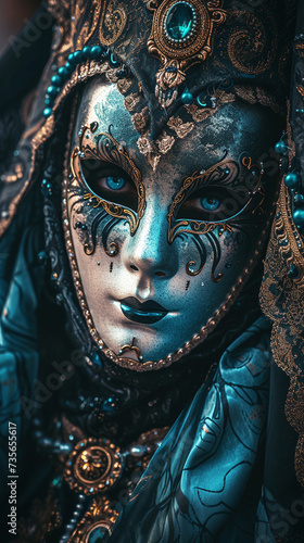 hyper close-up photography of a masked venitian necromancer woman