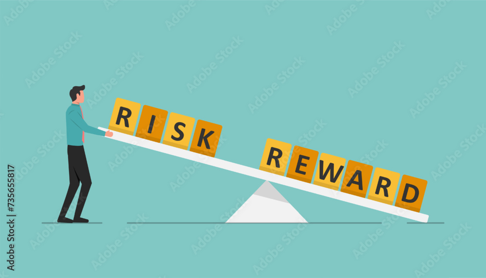 Risk vs reward balance on the seesaw scale, businessman lifts up risk